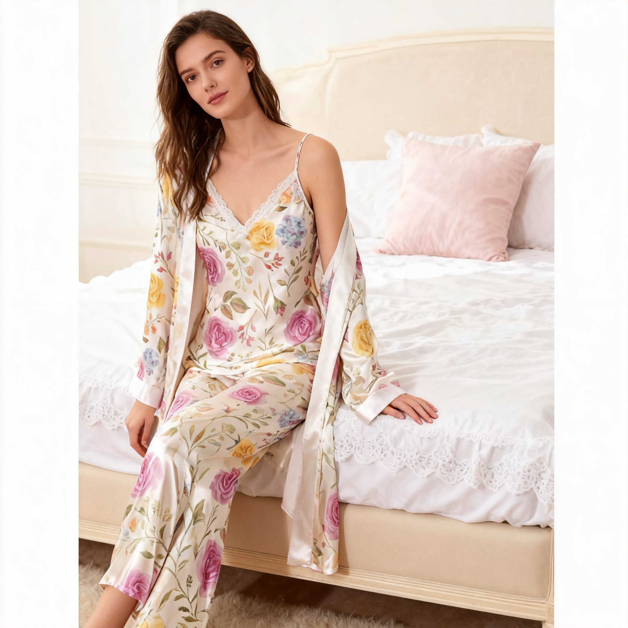 Women's 3-Piece Dreamy Watercolor Floral Satin Lounge Outfit