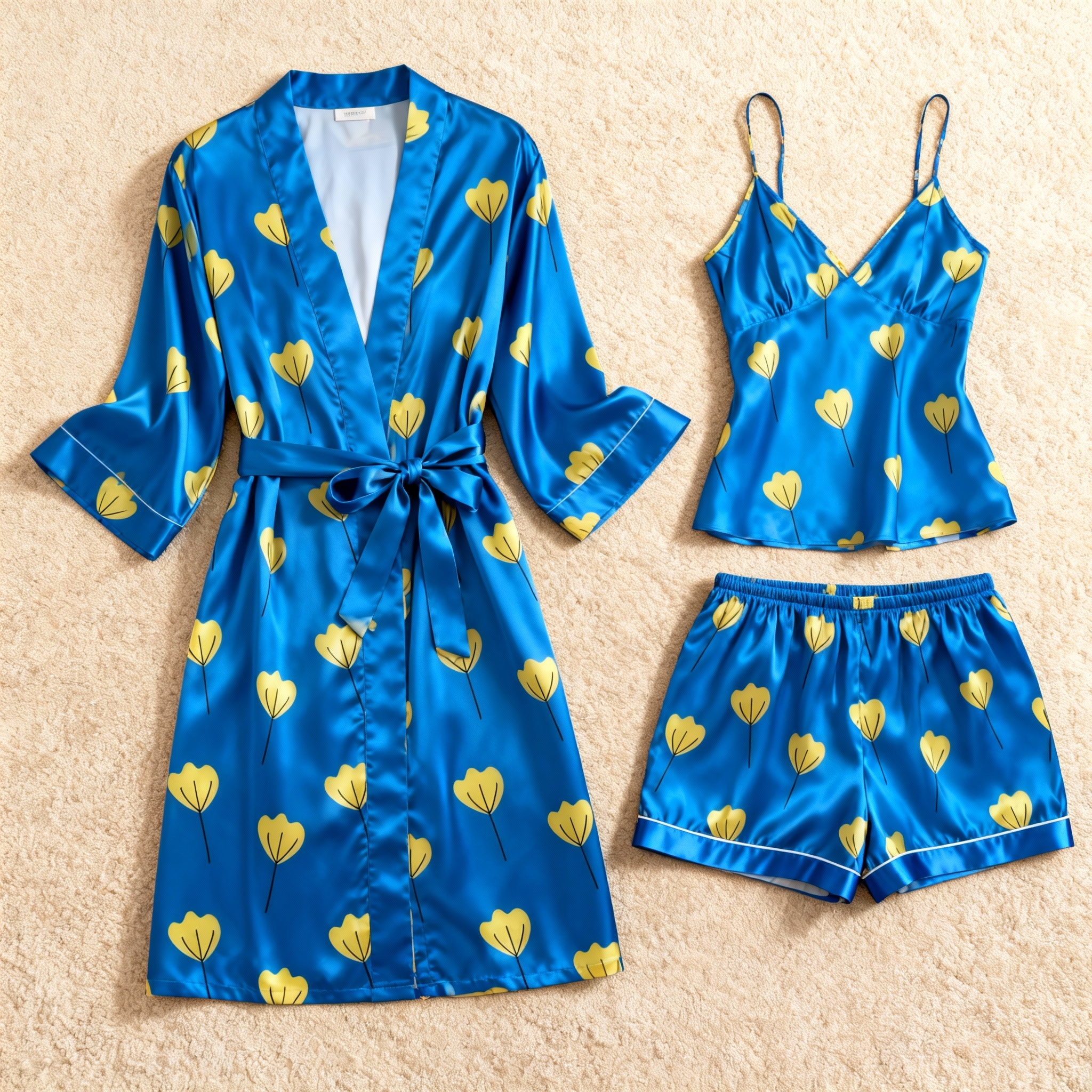 Floral Print Elegance 3-Piece Blue Satin Lounge Set for Women
