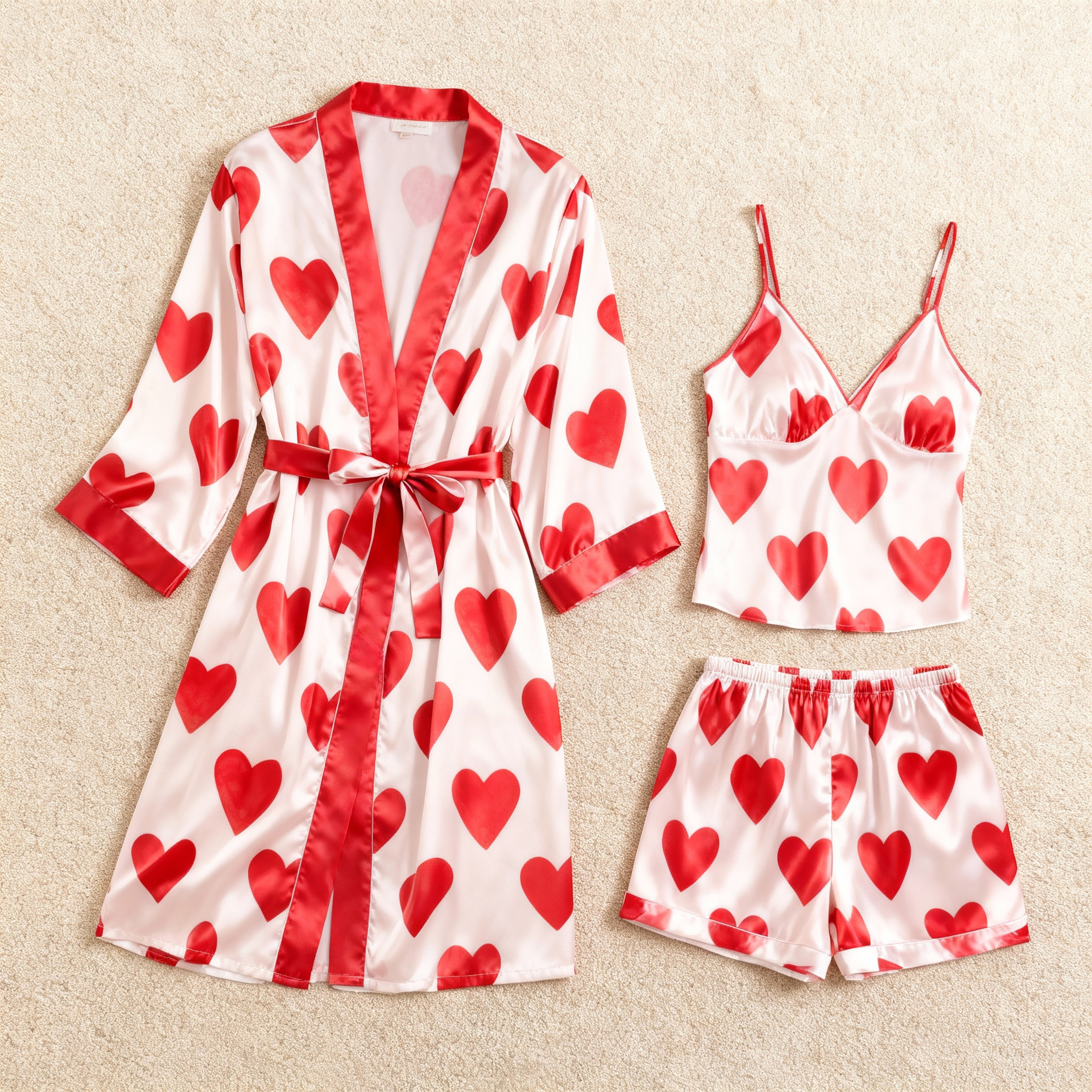 Elegant Satin 3-Piece Loungewear Set with Romantic Heart Design