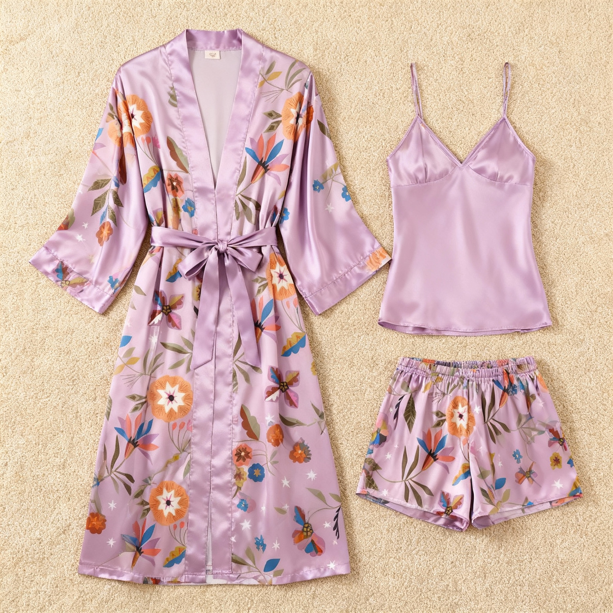 Elegant Satin Purple Loungewear Trio with Florals Motif