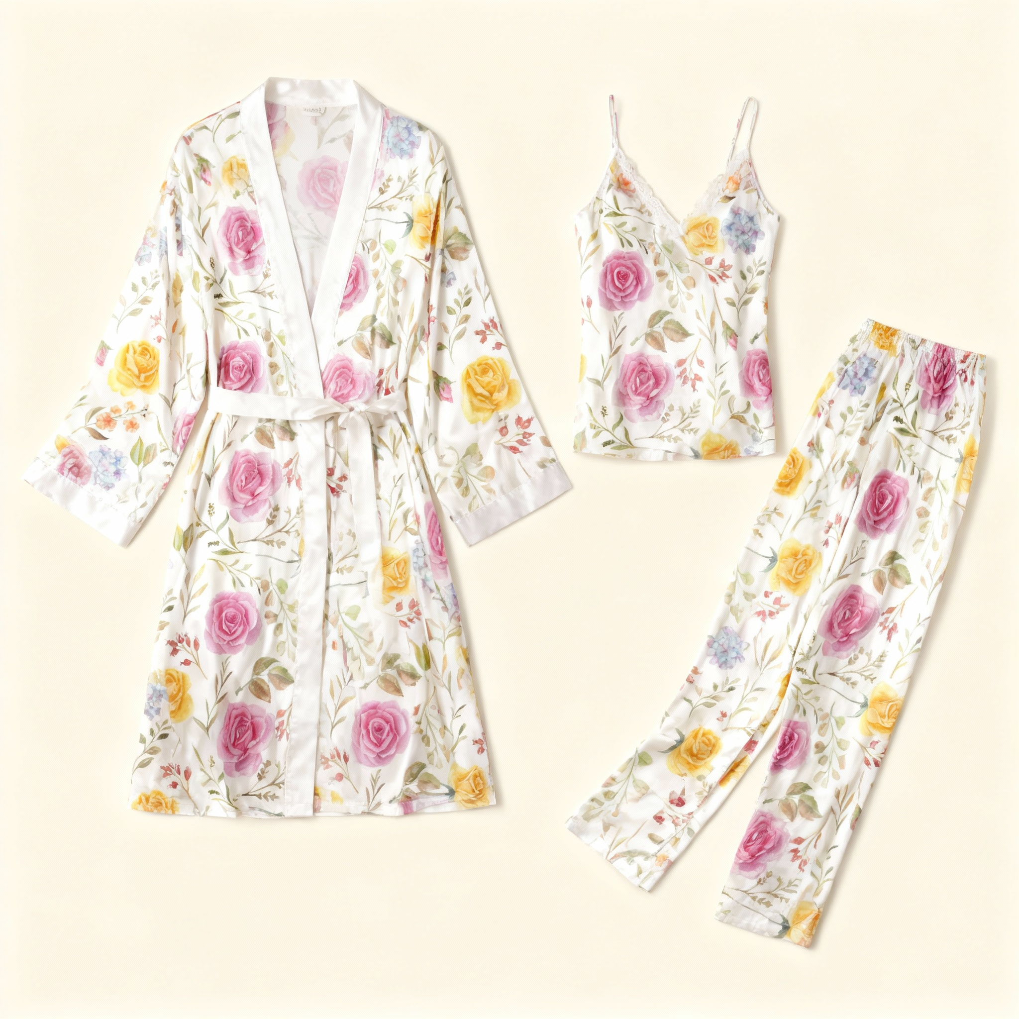Women's 3-Piece Dreamy Watercolor Floral Satin Lounge Outfit