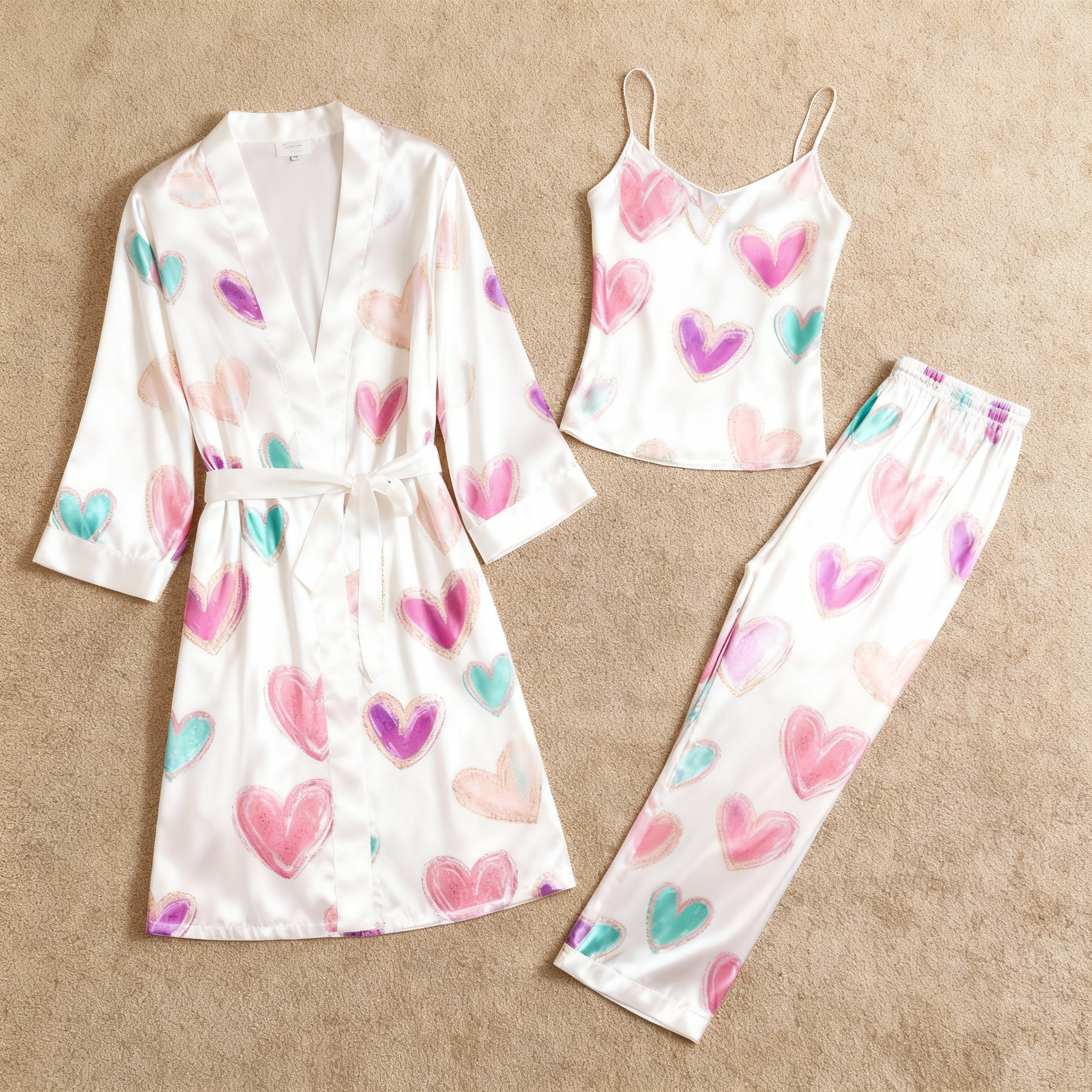 3-Piece Satin Nightwear Set with Romantic Heart Design