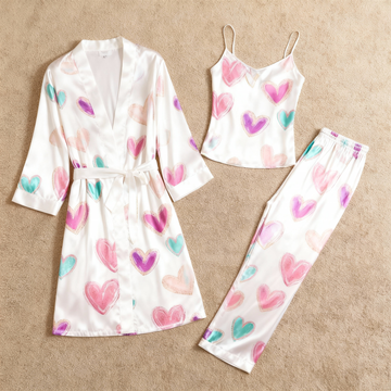 3-Piece Satin Nightwear Set with Romantic Heart Design