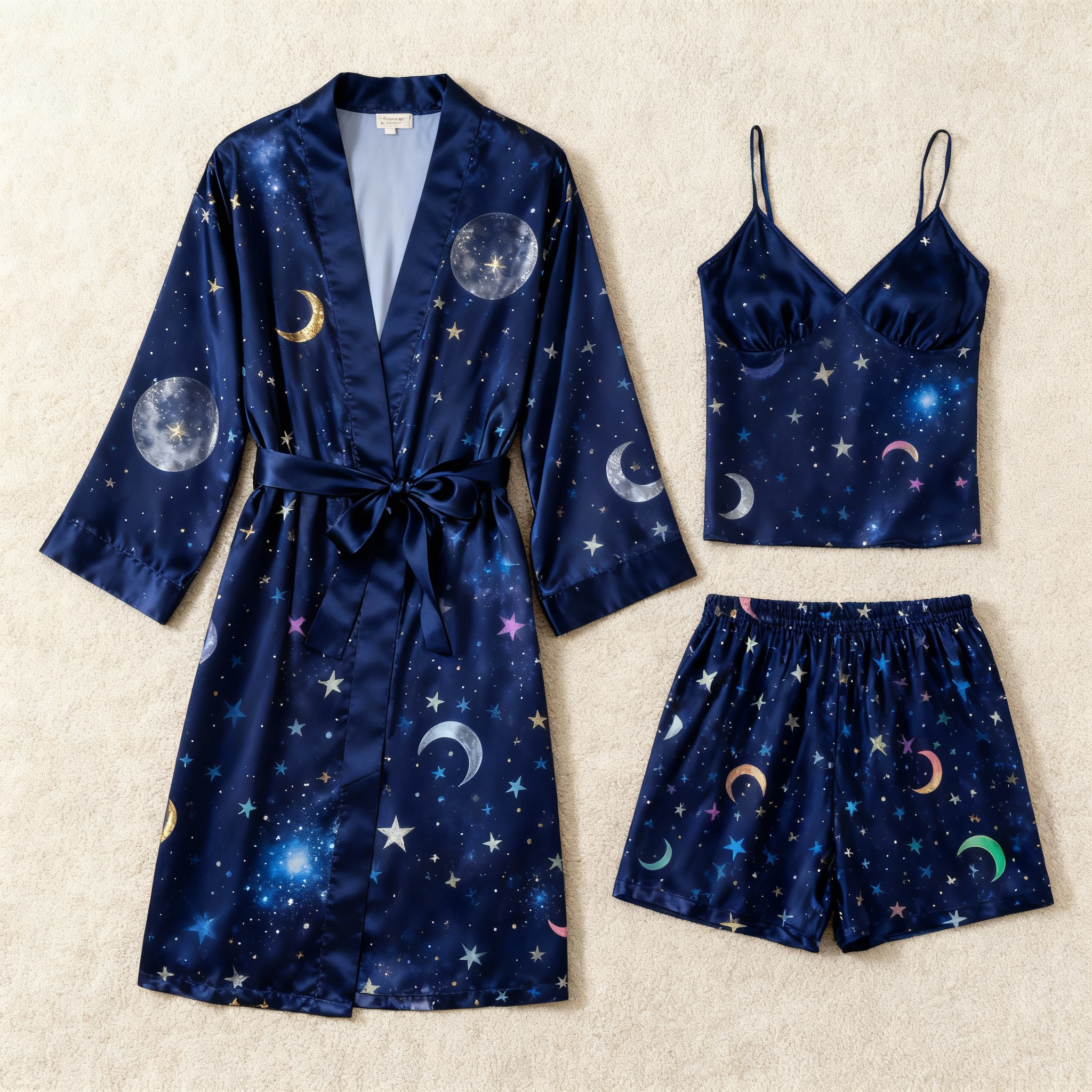 Chic Navy Satin 3-Piece Pajama Set Featuring Twinkling Stars Designs