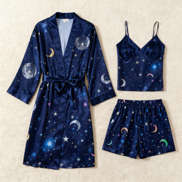 Chic Navy Satin 3-Piece Pajama Set Featuring Twinkling Stars Designs