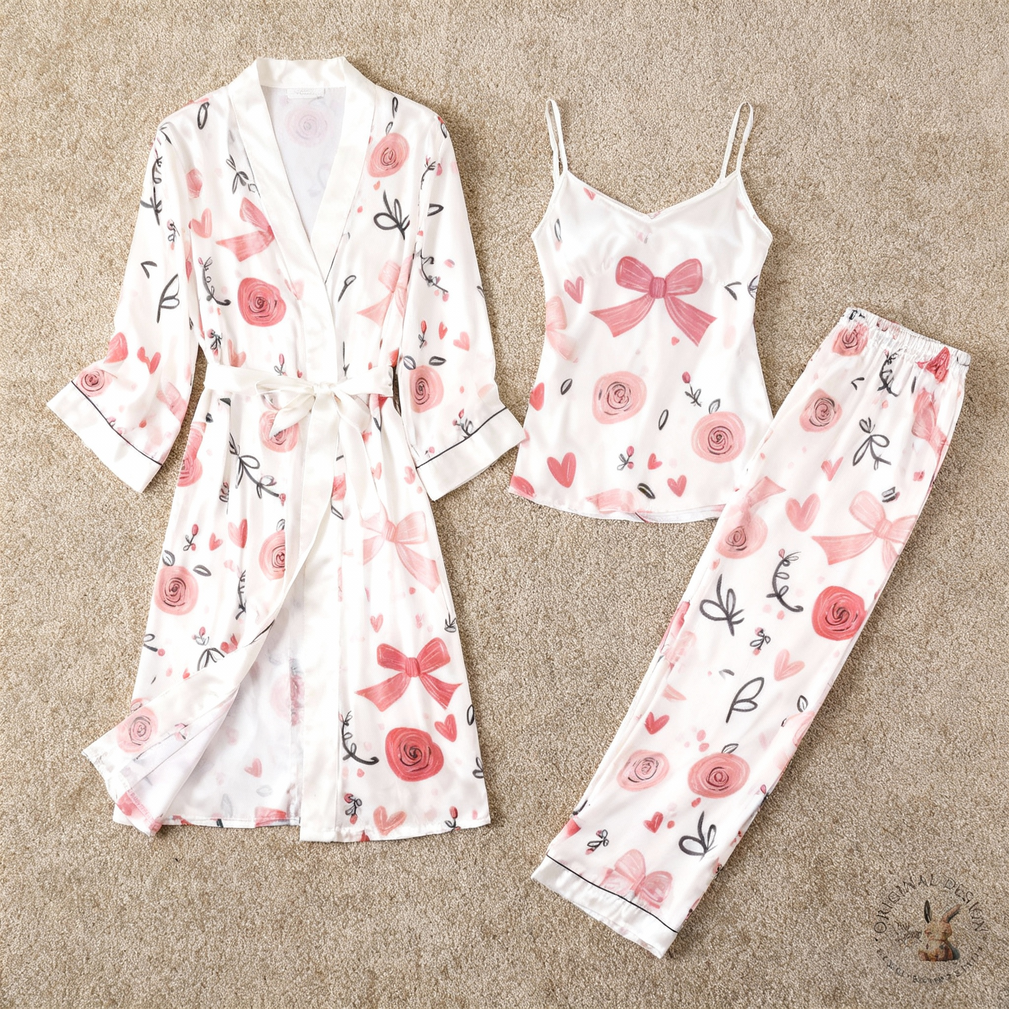 3-Piece Satin Nightwear Set with Romantic Pink Design