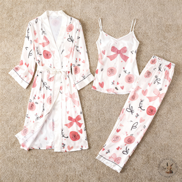 3-Piece Satin Nightwear Set with Romantic Pink Design