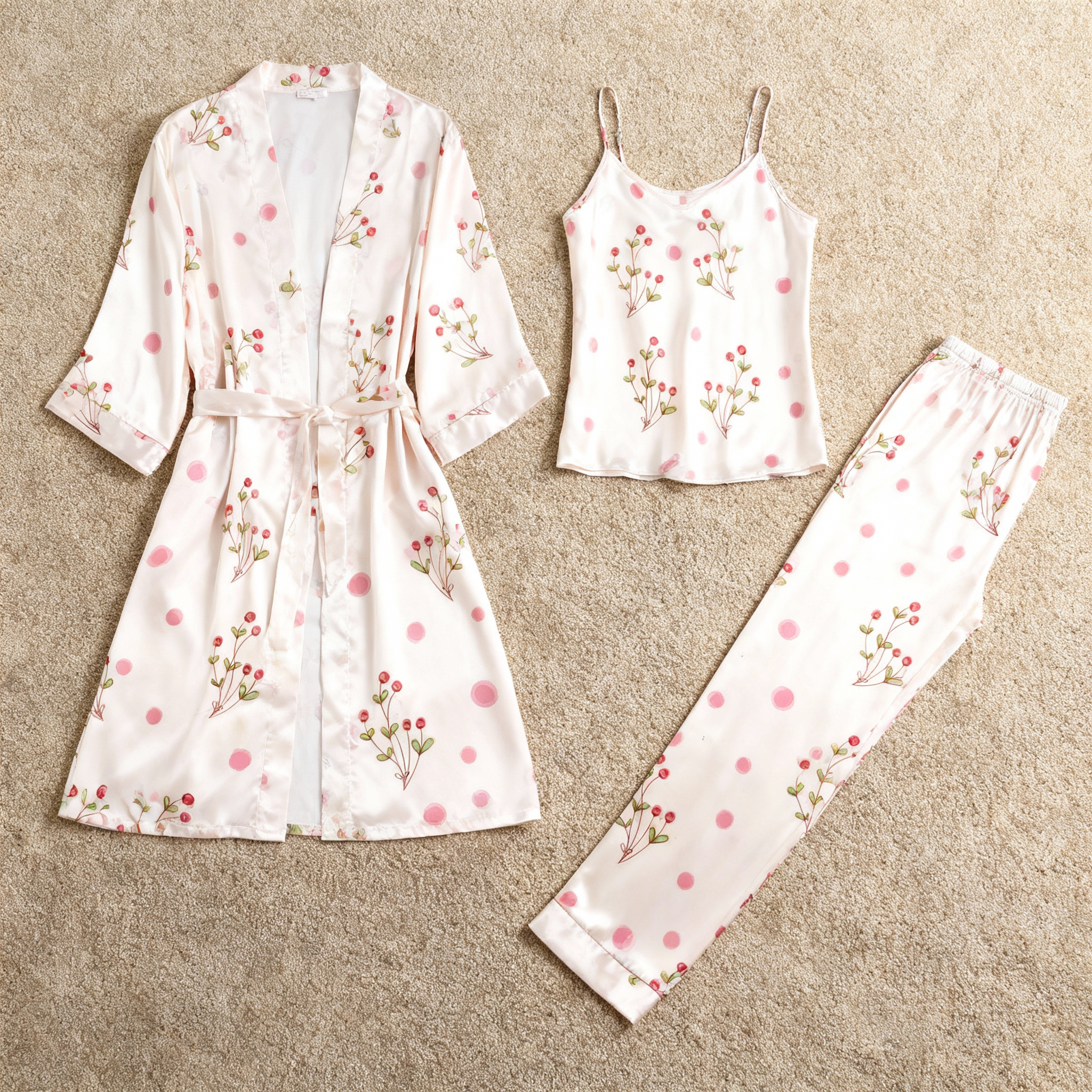 3-Piece Satin Nightwear Set with Simple Bloom Design