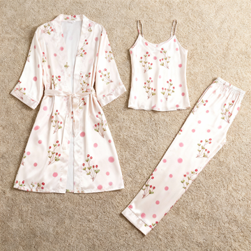 3-Piece Satin Nightwear Set with Simple Bloom Design