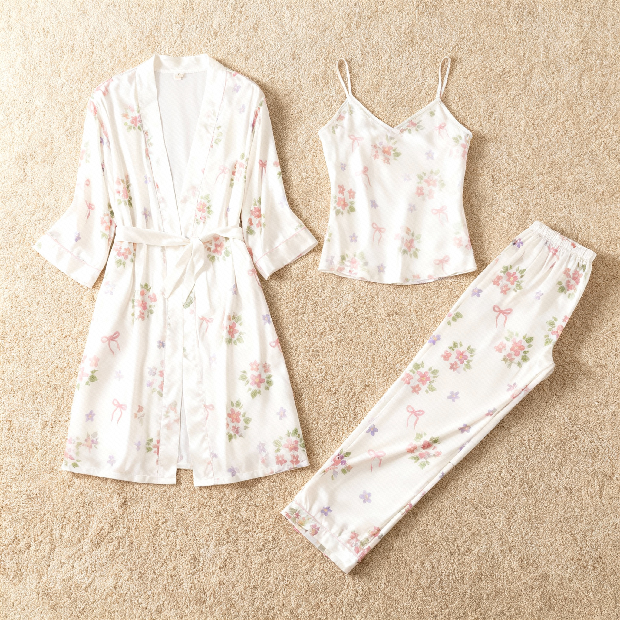 3-Piece Satin Nightwear Set with Dreamy Bloom Design