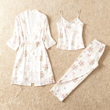 3-Piece Satin Nightwear Set with Dreamy Bloom Design