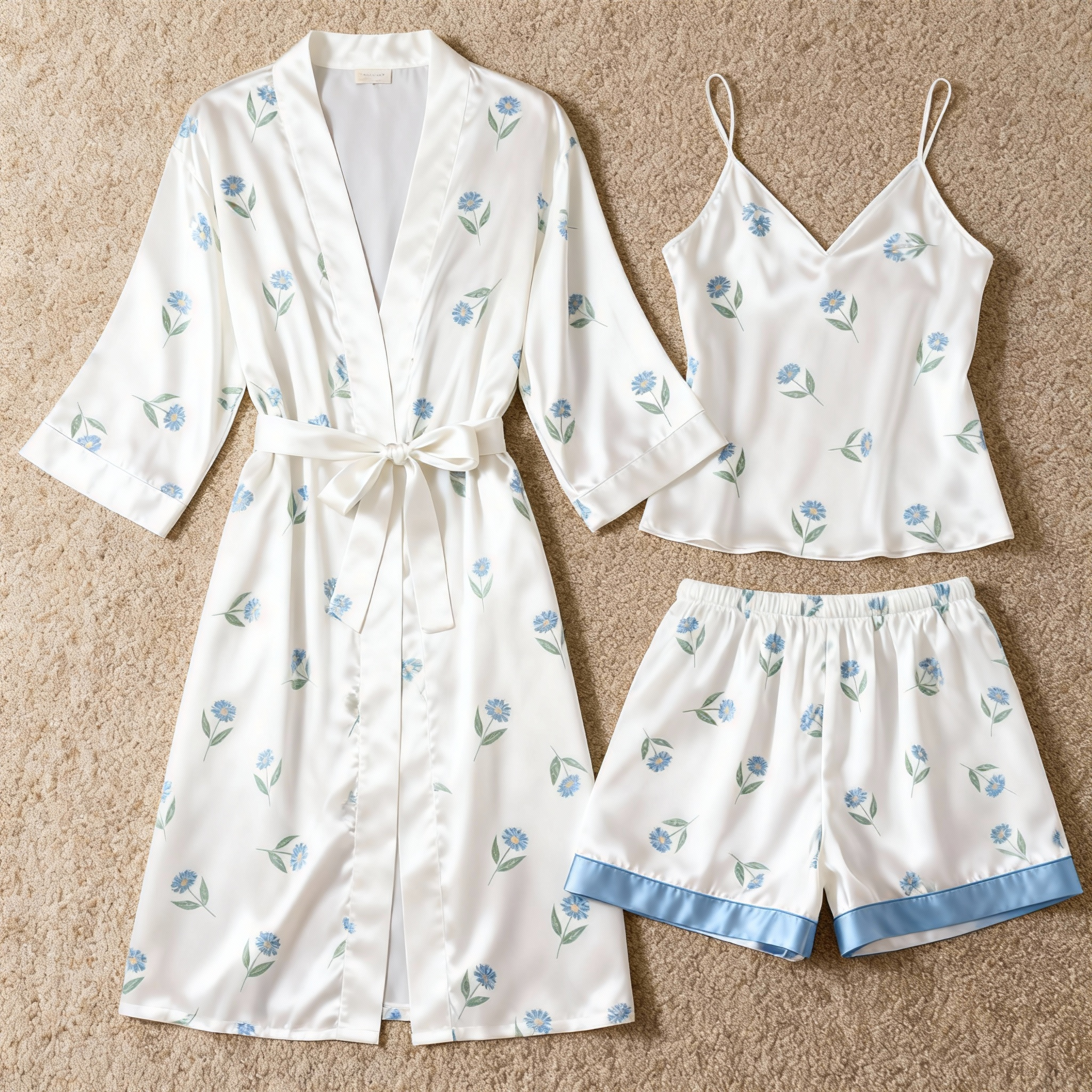 Women's Premium Satin Sleep Set with Tiny Blue Floral