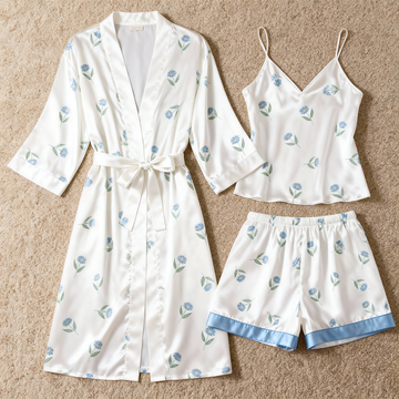 Women's Premium Satin Sleep Set with Tiny Blue Floral