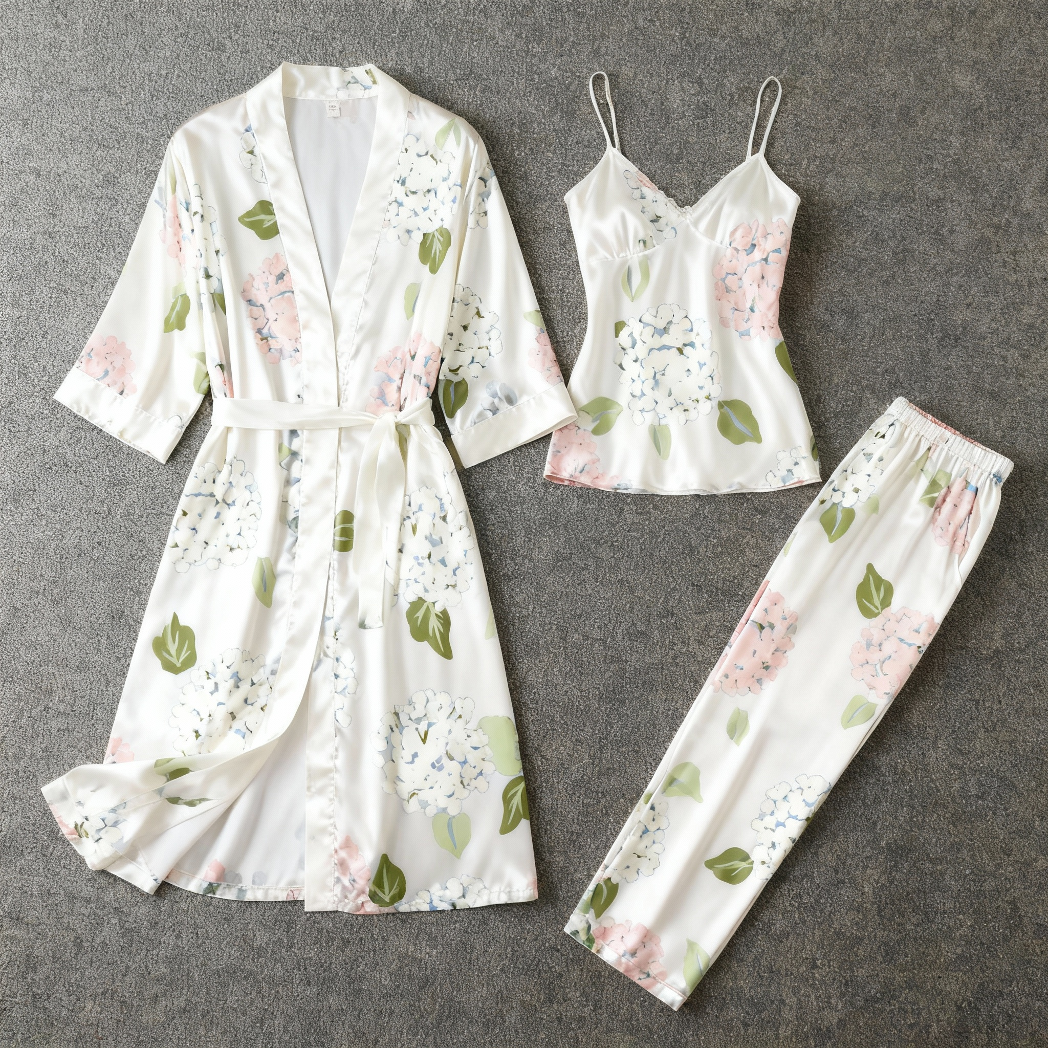 3-Piece Satin Nightwear Set with Botanical Leaves Design