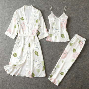 3-Piece Satin Nightwear Set with Botanical Leaves Design