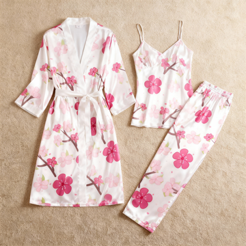 3-Piece Satin Nightwear Set with Pink Floral Design