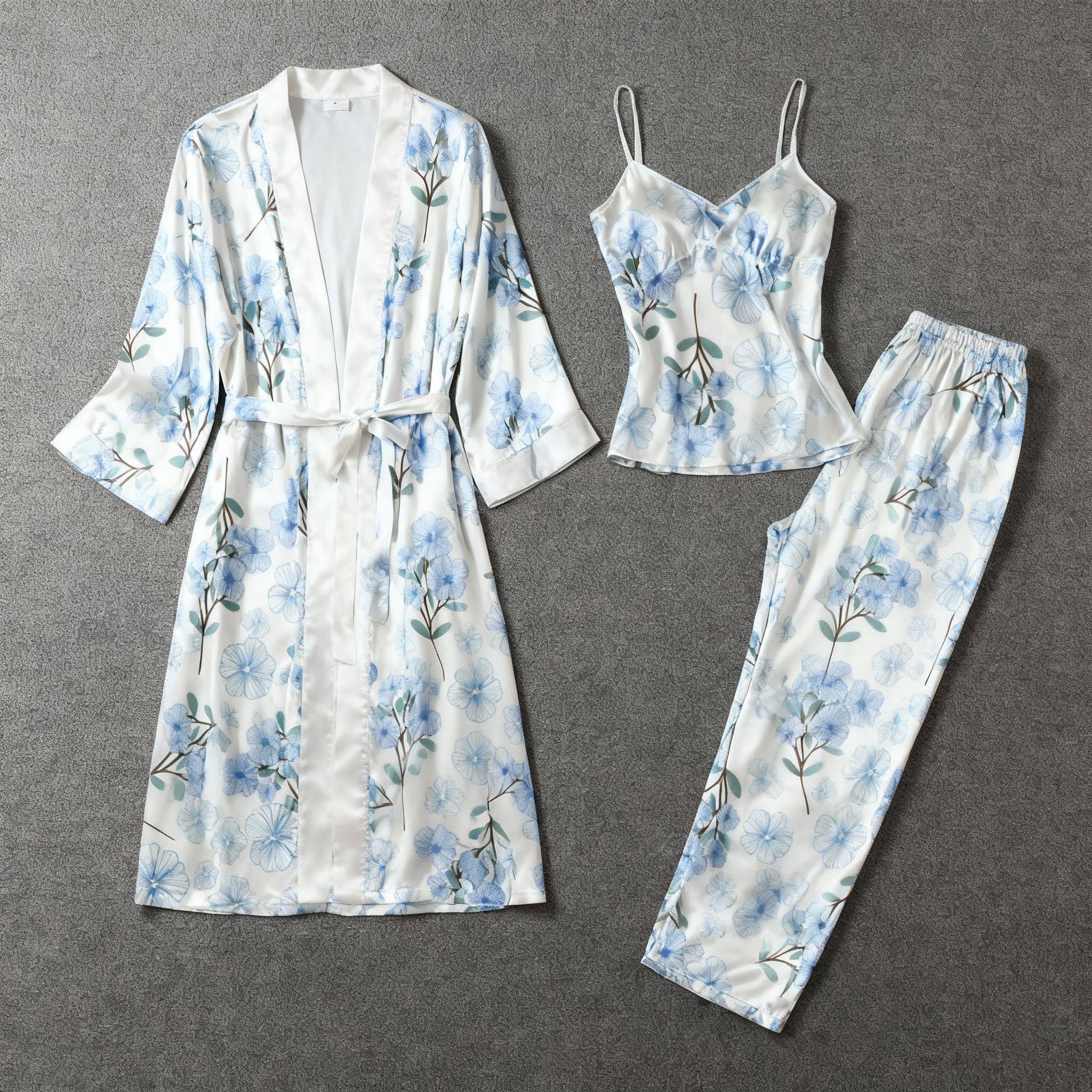 3-Piece Satin Nightwear Set with Dreamy Blue Floral Design