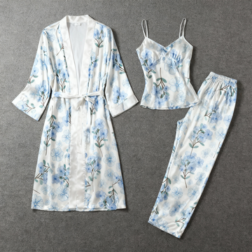 3-Piece Satin Nightwear Set with Dreamy Blue Floral Design