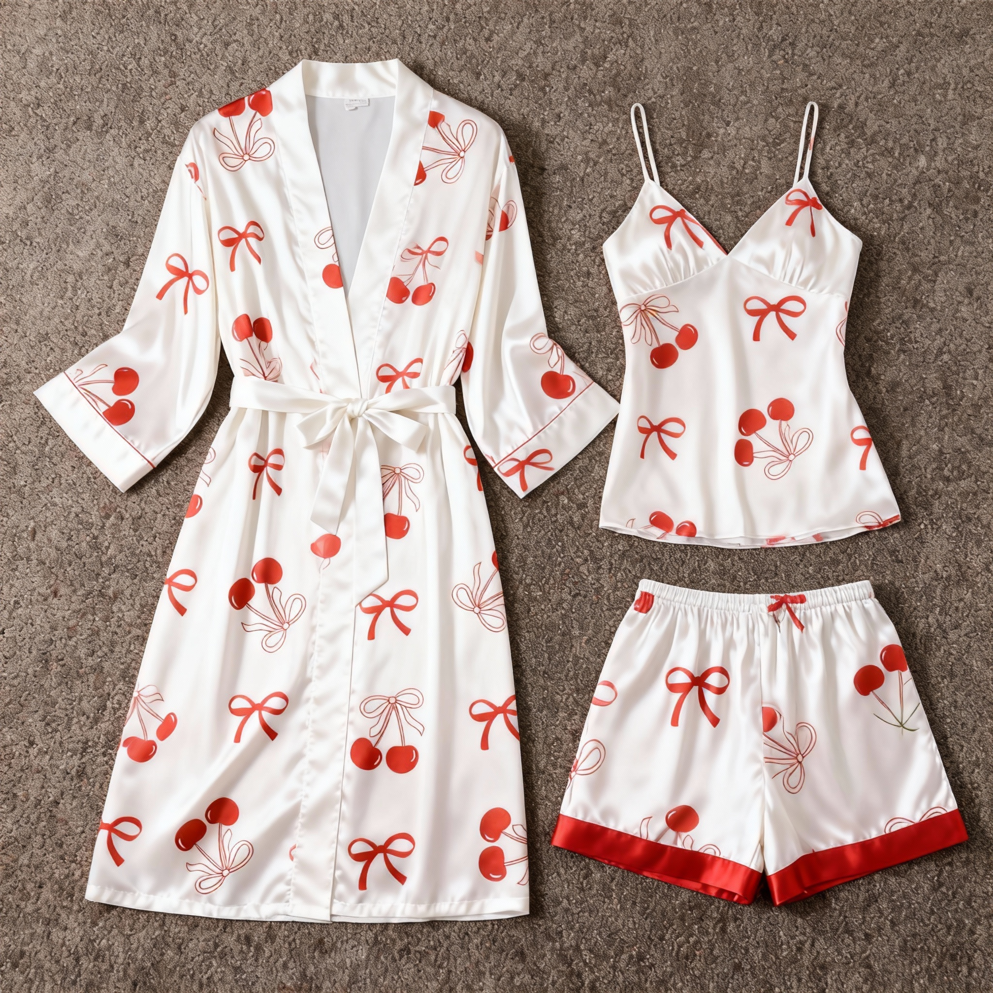 Women's Premium Satin Sleep Set with Cherry & Bowknot Design