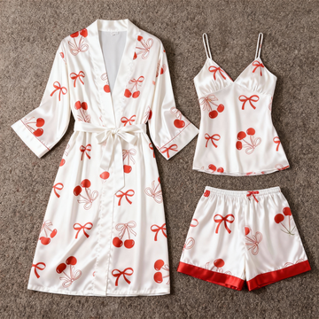 Women's Premium Satin Sleep Set with Cherry & Bowknot Design