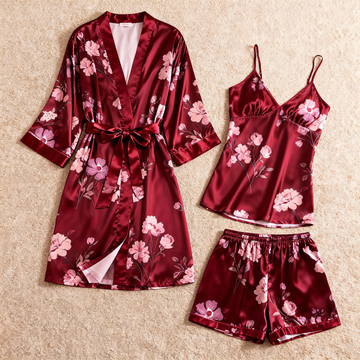 Elegant Satin Red Loungewear Trio with Romantic Florals Motif