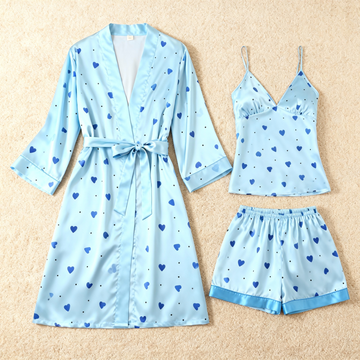 Heart Shape Print Elegance 3-Piece Satin Lounge Set for Women