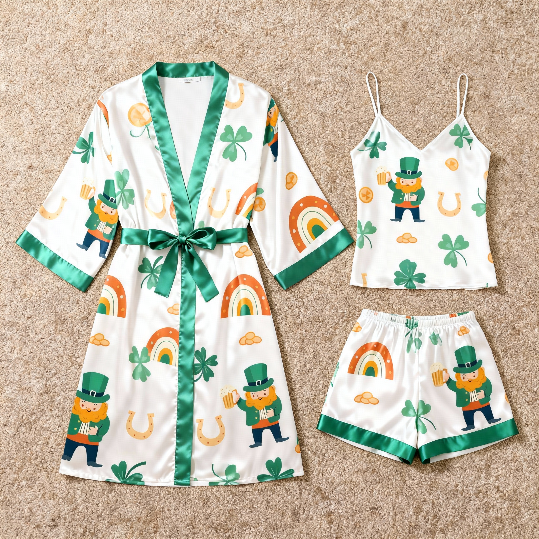 Women's Premium Satin Sleep Set with Green Pattern
