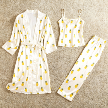3-Piece Satin Nightwear Set with Pineapple Design