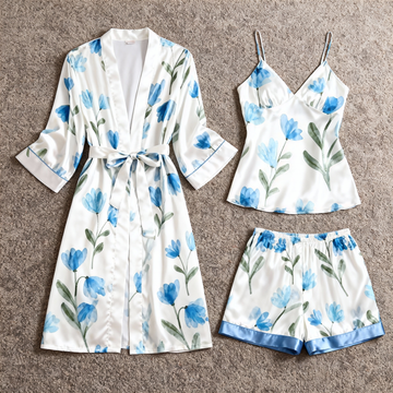 Women's Premium Satin Sleep Set with Soft Blue Floral