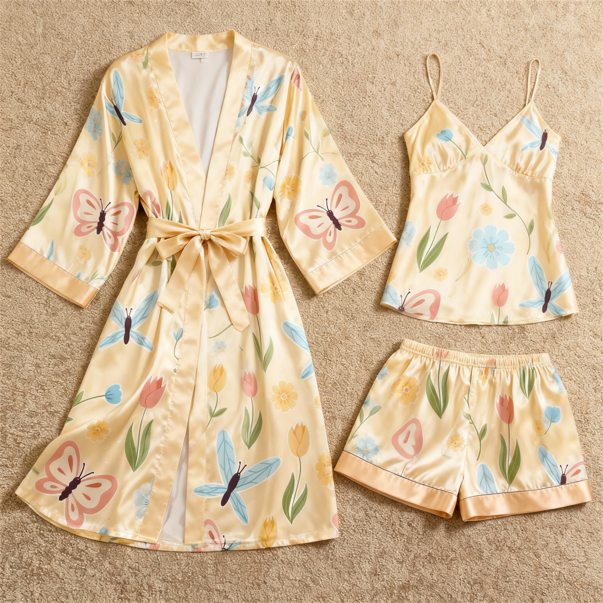 Women's Premium Satin Sleep Set with Yellow Butterfly