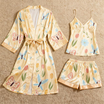 Women's Premium Satin Sleep Set with Yellow Butterfly