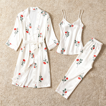 3-Piece Satin Nightwear Set with Elegant Botanical Design