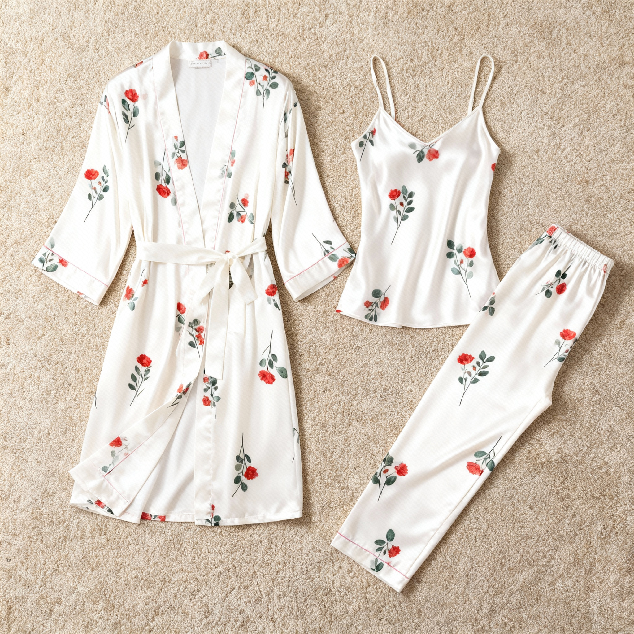 3-Piece Satin Nightwear Set with Simple Floral Design