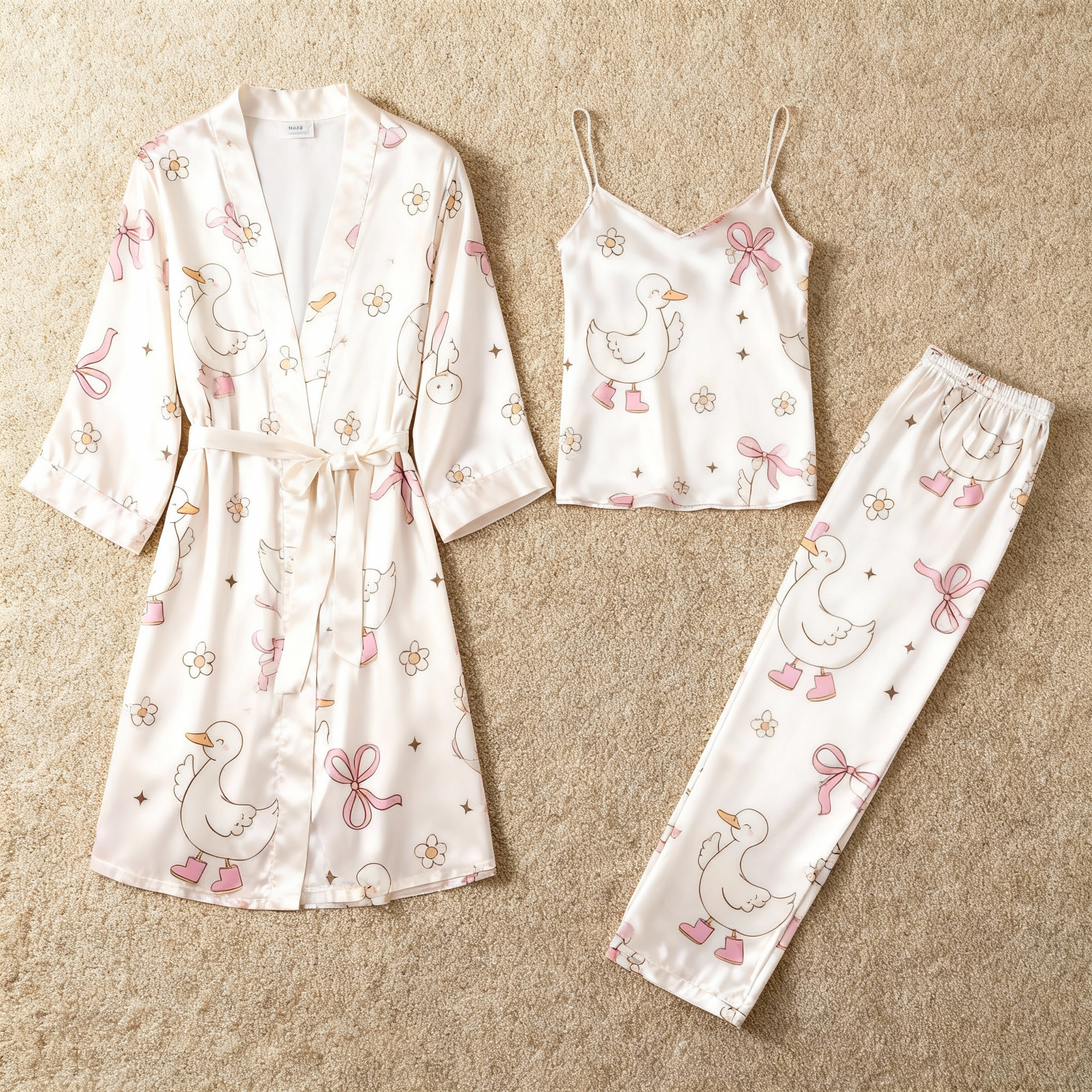 Women's Satin 3-Piece Loungewear Set in Pink & Sweet Bowknot Style