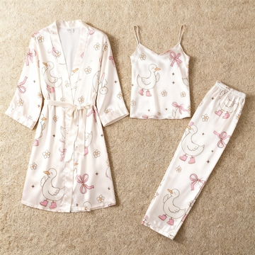 Women's Satin 3-Piece Loungewear Set in Pink & Sweet Bowknot Style