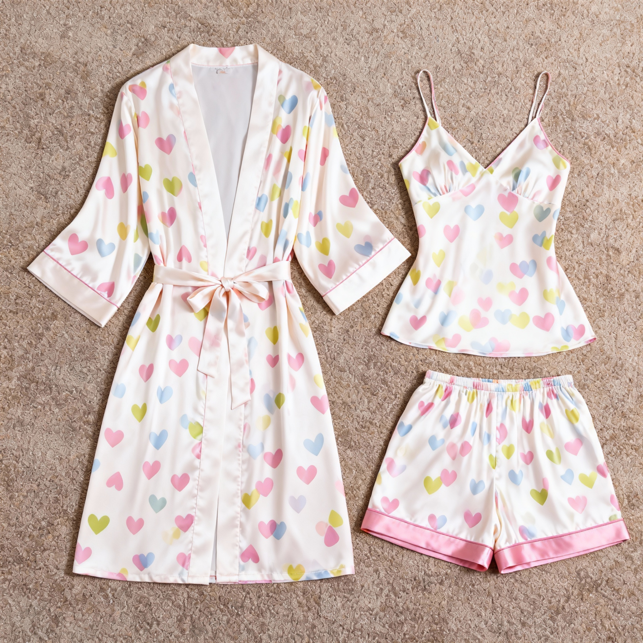Women's Premium Satin Sleep Set with Colorful Heart Shape
