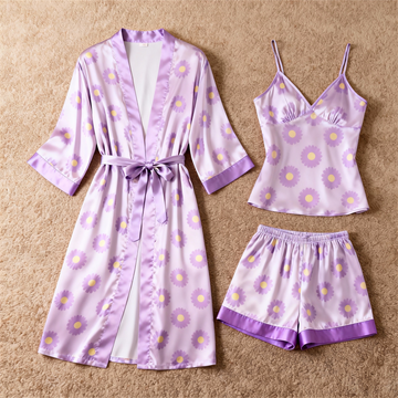 Women's Premium Satin Sleep Set with Elegant Purple Floral