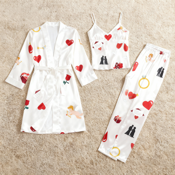 3-Piece Satin Nightwear Set with Romantic Pattern Design