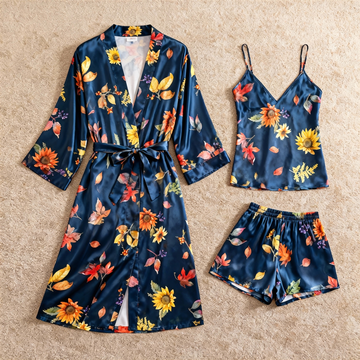 Elegant Satin Navy Loungewear Trio with Florals Motif