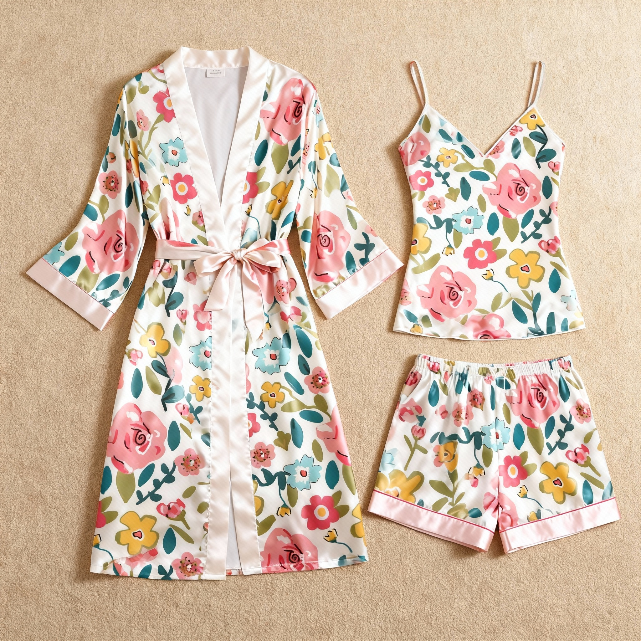 Romantic Floral Design Elegance 3-Piece Satin Lounge Set for Women