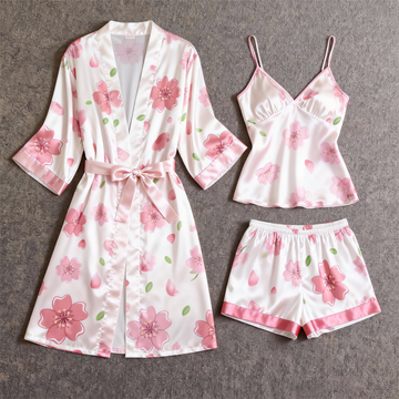 Elegant Satin 3-Piece Loungewear Set with Pink Floral Design