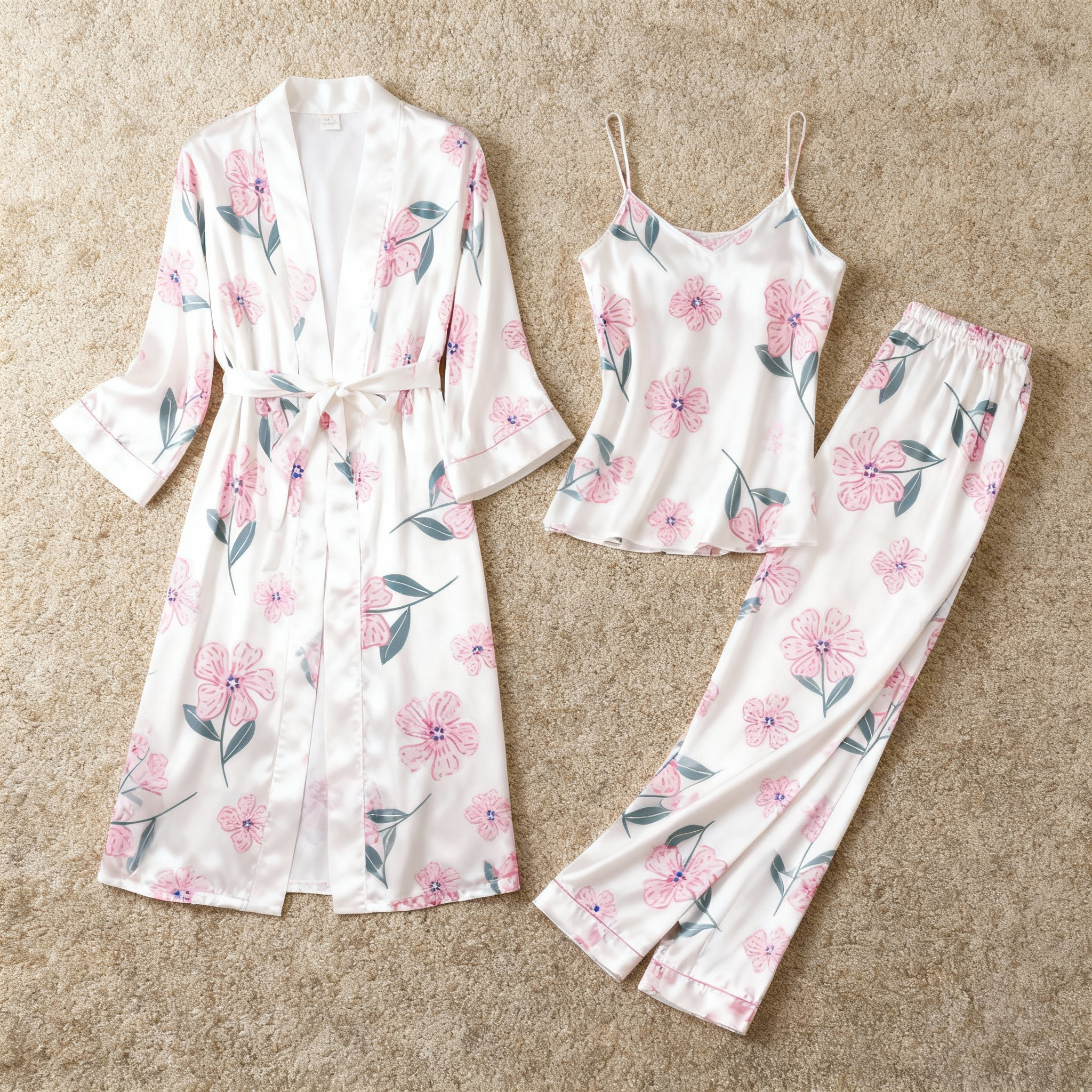 Women's Satin 3-Piece Loungewear Set in Elegant Pink Florals Style
