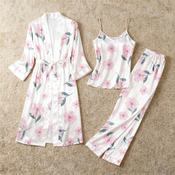 Women's Satin 3-Piece Loungewear Set in Elegant Pink Florals Style