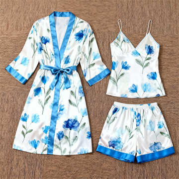 Women's Premium Satin Sleep Set with Elegant Blue Floral