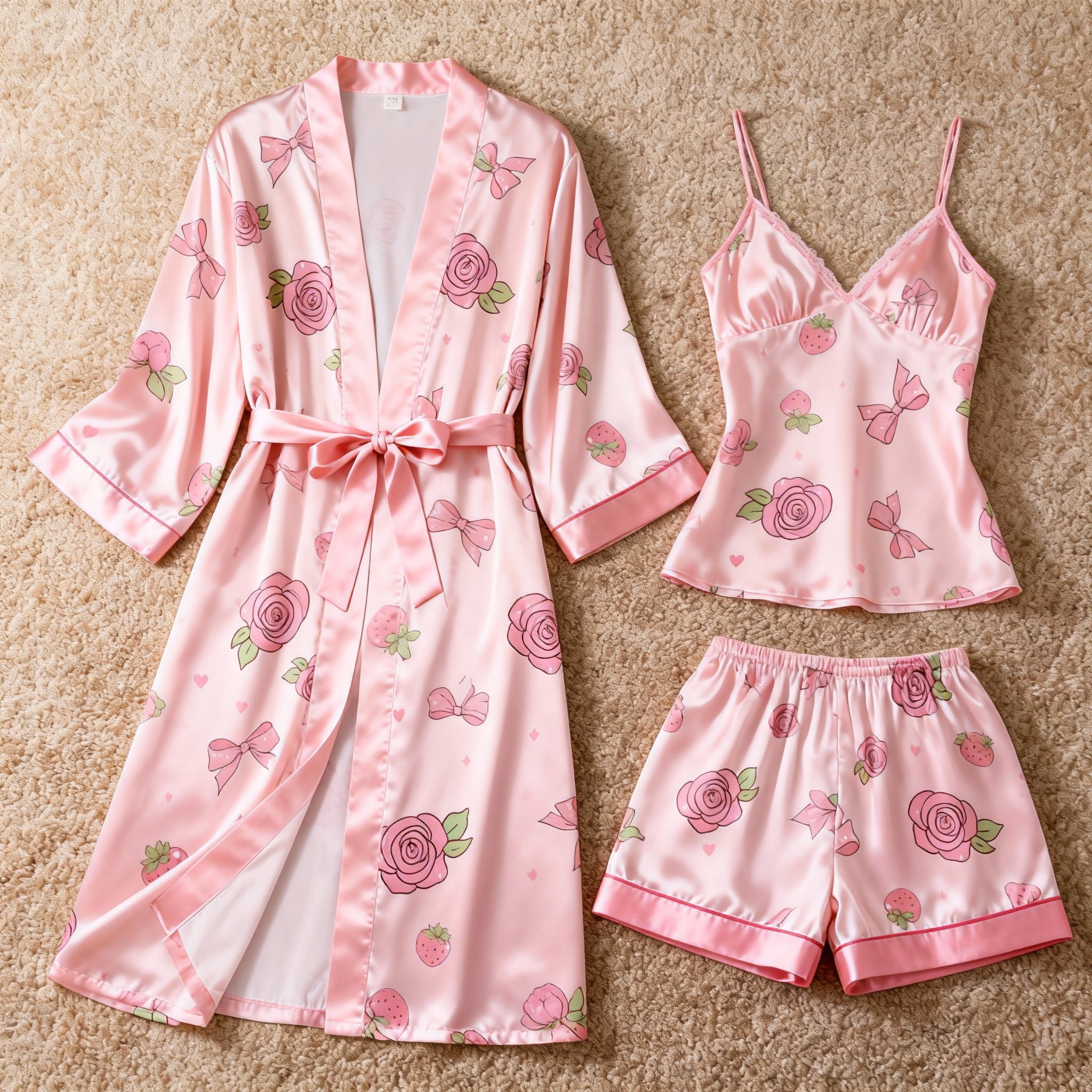 Women's Premium Satin Sleep Set with Rose & Ribbon