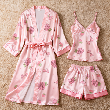Women's Premium Satin Sleep Set with Rose & Ribbon
