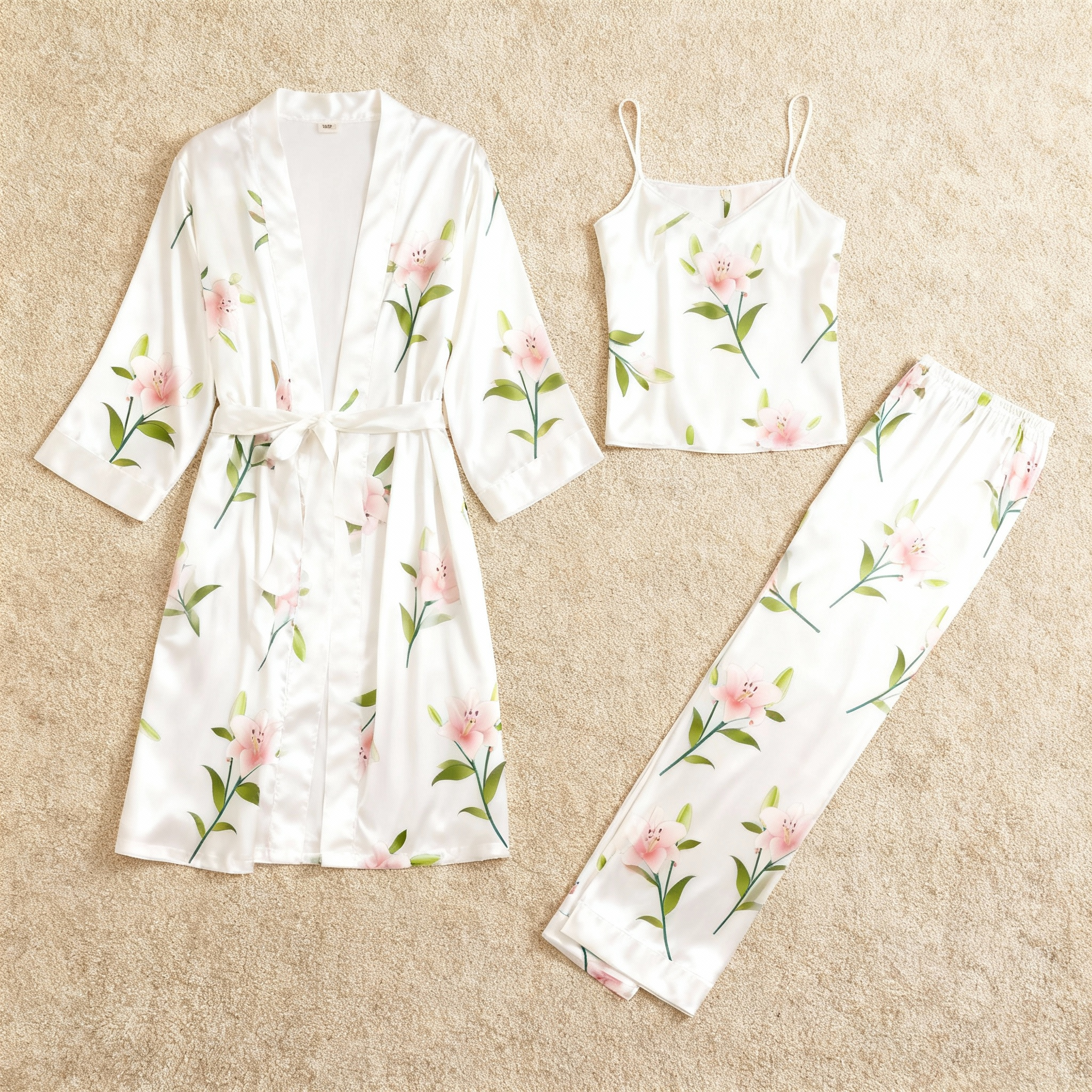 3-Piece Satin Nightwear Set with Elegant Floral Pattern
