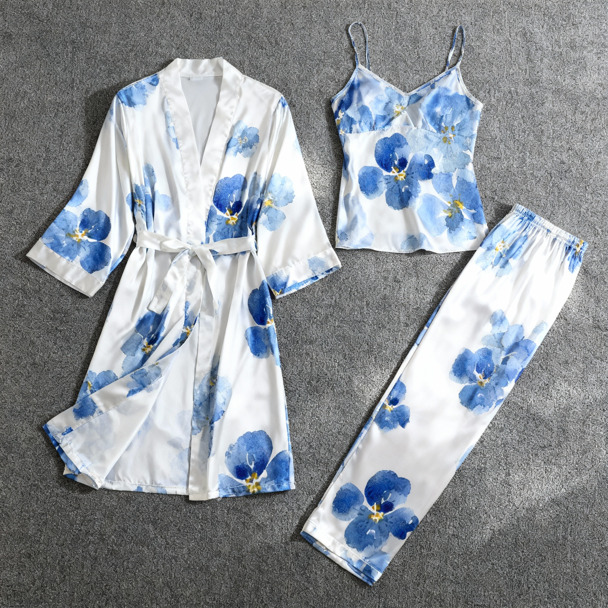 3-Piece Satin Nightwear Set with Elegant Blue Floral Pattern