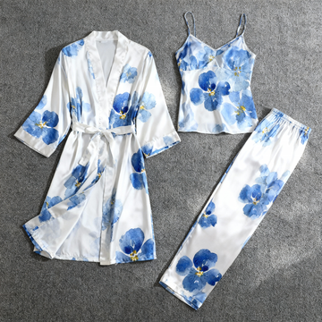 3-Piece Satin Nightwear Set with Elegant Blue Floral Pattern