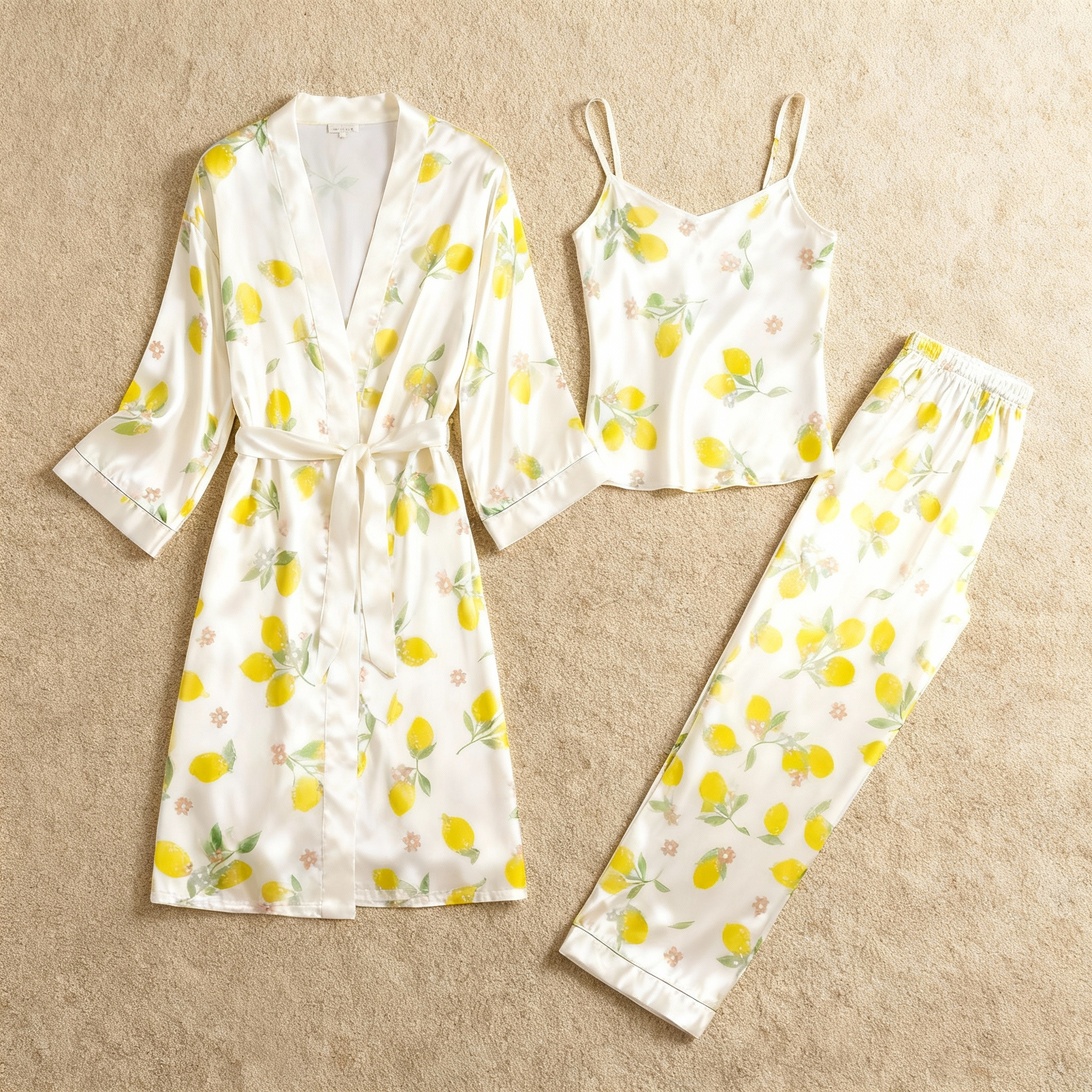 3-Piece Satin Nightwear Set with Watercolor Botanical Pattern